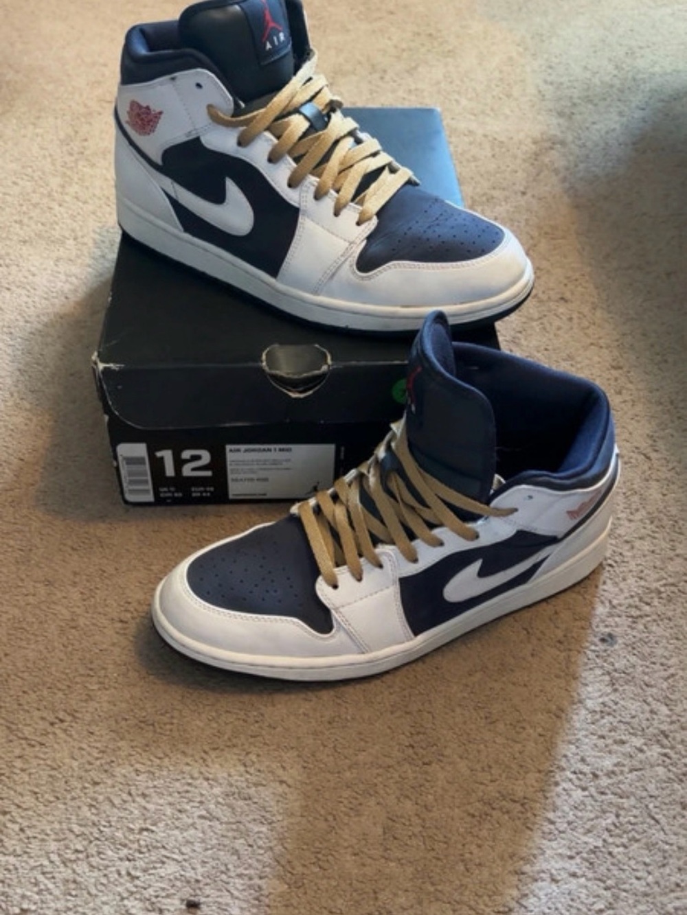 Jordan 1 Mid Navy, White and Tan Men's Sneakers